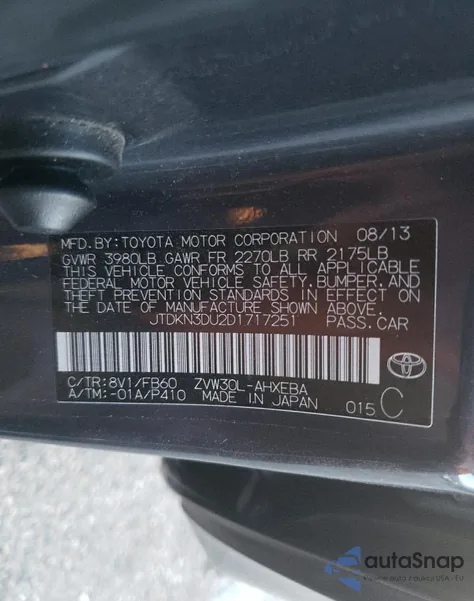 2013 Toyota Prius из США, поврежденный, VIN JTDKN3DU2D1717251